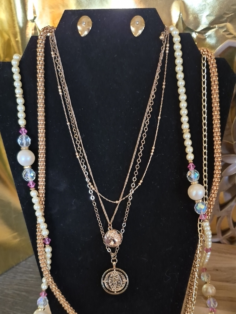 Gold-Tone Pearl and Chain Necklace Set - Women's Jewelry, Earrings, Bracelet